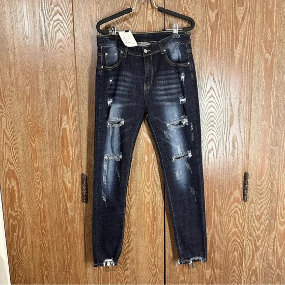Color 3 Collections NWT Womens Jeans Large Deep Blue Skinny Distressed High Pant - Picture 1 of 9